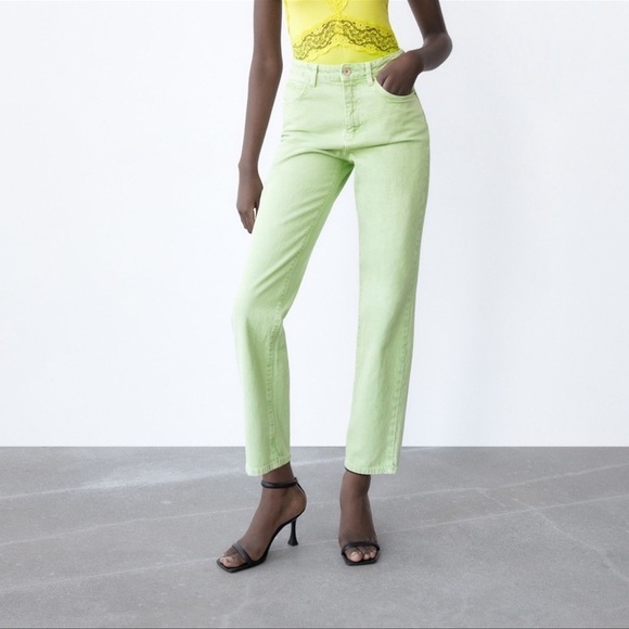 Zara jeans High Waist straight leg lime Green - Picture 1 of 10